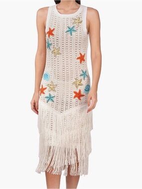 America & Beyond Crochet Fringe Swim Cover Up w/Multicolor Starfish Embroidery